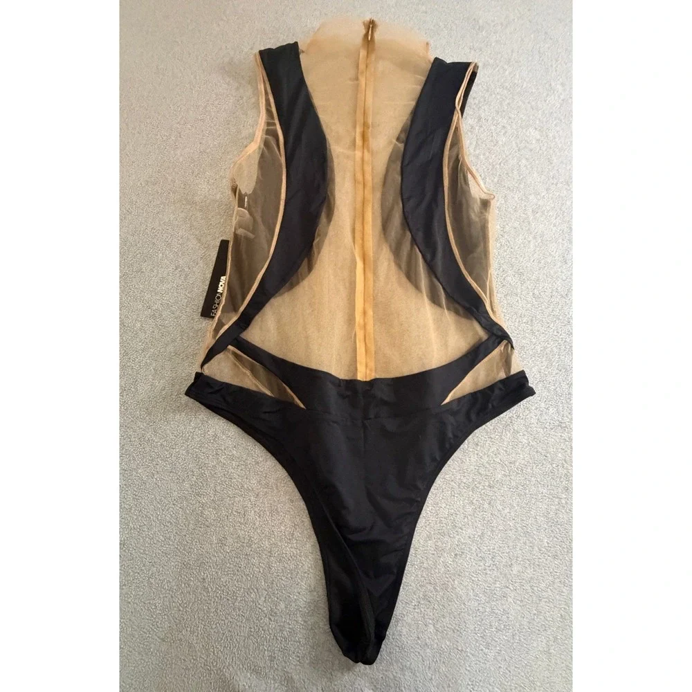 Fashion Nova Womens Black Nude Mesh Cutout Sleeveless Bodysuit Thong Back NWT
